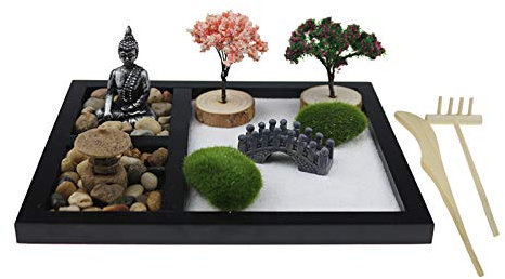 Duiaynke Mini-Zen-Garten-Sandtablett mit 3 Fächern, Buddha-Statue, Rechen, Sand, Brücke, Bäumen und Steingarten zur Entspannung, Meditationsgeschenk