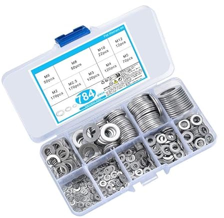 784 Piezas Arandelas Planas Acero Inoxidable, Arandelas de Seguridad Redondas para Tornillo Reparaciones - M2/M2.5/M3/M4/M5/M6/M8/M10/M12