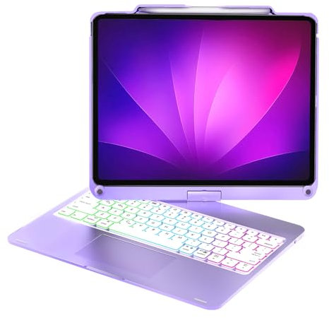 Baisla iPad Air 13 Inch Case Keyboard, Premium Hardshell Keyboard for iPad Pro 12.9 (6th/5th/4th/3rd Gen), 360° Rotatable, Multi-Touch Trackpad, 7 Color Backlit with Pencil Holder - Metallic Purple