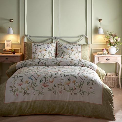 Appletree Evelina-Kollektion Bettbezug mit Blumenmuster und Kolibri, für Super-King-Size-Betten (260 x 220 cm), weiße Bettwäsche mit Vogel- und Blumendruck, 100% Baumwollsatin, paspelierter Rand,