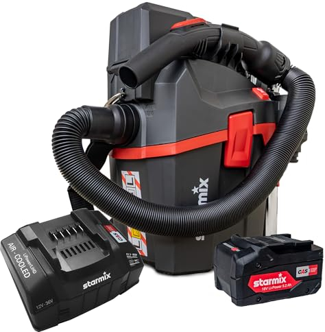 Starmix Akku Nass Trockensauger Set Smart L 18V - Industriesauger Staubklasse L mit Tragegurt flexibel & mobil - Kabelloser Akkusauger mit Ladegerät & Akku - 6L Behälter l 2,8m Saugschlauch l 4,2kg