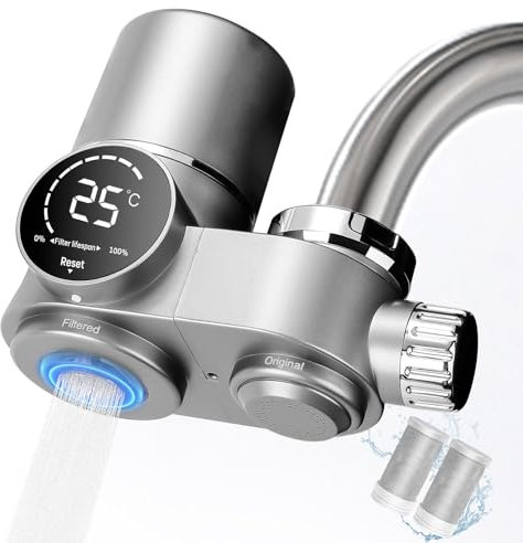Wasserfilter Wasserhahn mit 2Pcs Filter, Trinkwasserfilter für Zuhause Küche, entfernt Chlor, Schwermetalle und schlechten Geschmack, Wasserfilter Trinkwasser mit Blaulicht und LED Anzeige
