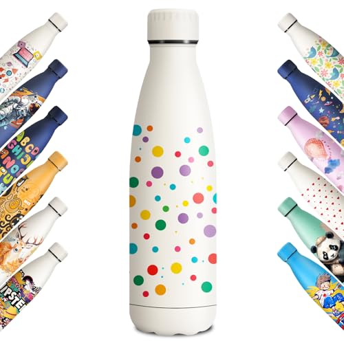 KollyKolla Edelstahl Trinkflasche 500ml, 3D-Druck Trinkflasche, Trinkflasche Sport, Trinkflasche Kohlensäure Geeignet, Auslaufsicher Thermoskanne, BPA-Frei, Trinkflaschen für Kinder, Schule, Sport