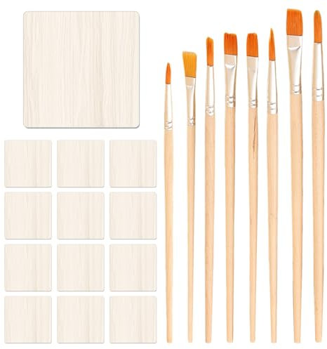 12 Copeaux De Bois, 8 Pinceaux, sous-Verres en Bois, sous-Verres Carrés, sous-Verres en Bois pour L'Artisanat, Ébauches De Bois pour La Fabrication, sous-Verres Vierges