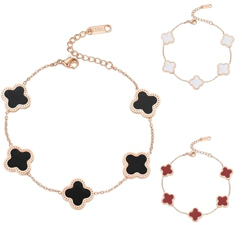 DKDDSSS 3 Stücke Glücklich Vierblättriges Kleeblatt Armband, Schmuckset für Frauen (Weiß+Schwarz+Rot)