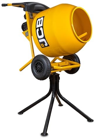 JCB Electric Cement Mixer 550W 110V 134L Drum Seam Welded Tip Up Concrete Mortar, 2 Welded Paddles, 100L Mixing Capacity, Three Positions, Removable Stand, 3 Year Warranty