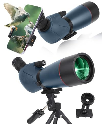 Longue-Vue Zoom Haute Puissance avec Adaptateur Téléphone, Trépied, Sac, Télescope Oculaire Incliné 45°, pour Tir Cible, Observation Oiseaux et Chasse (Blue)