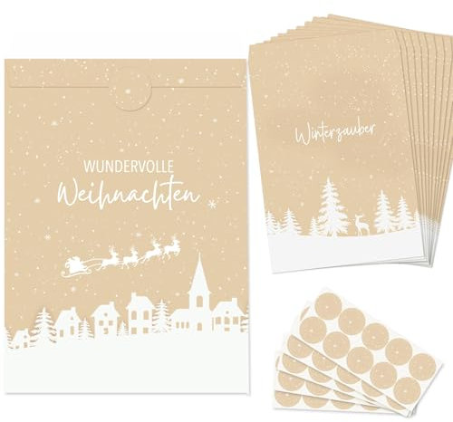BETESSIN Papiertüten Weihnachten - 50 Stück 13x18cm Weihnachtstüten mit Schneelandschaft Motiv - Kraftpapier Geschenktüten Weihnachten - Adventskalender Tüten zum Befüllen mit Geschenkaufkleber