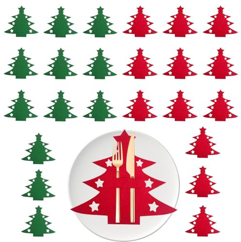Symphonyw Besteckhalter Weihnachten Filz, 24 Stück Grün Rot Weihnachtsbaum Bestecktasche, Weihnachts Messer Gabeln Löffel Besteckbeutel Besteck Taschen für Party Tisch Weihnachtsdeko