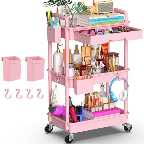 Yeabett Chariot de rangement à roulettes à 3 étages avec tiroir pour cuisine, salle de bain, bureau, salon, rose