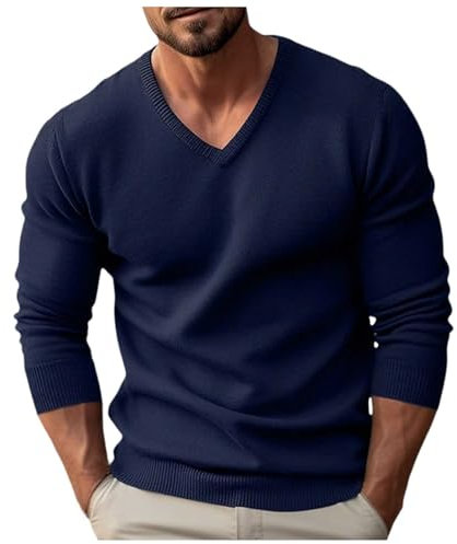 YOSUWOAI Jersey de invierno para hombre, cuello de pico, manga larga, cálido, suéter de invierno, informal, suéter de negocios, cómodo, suave, camiseta interior, jersey de punto monocolor, O Navy, M