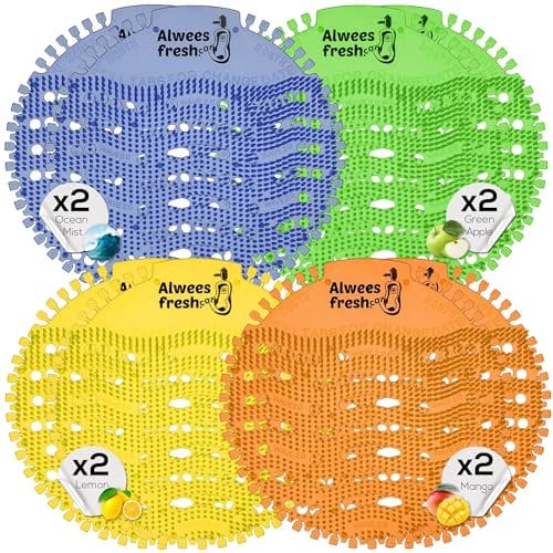 Alwees Fresh Urinal Mats Bundle - Fresh Fragrance Urinal Screen Deodorizer - Toilet Splash Guard for Men's Urinals - Odour Control, Splashback Shield, Universal Fit - Lasts 30 Days, 8-Pck, 4 Scents