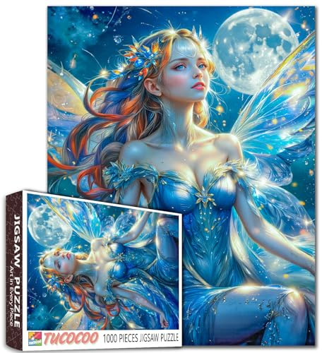 Tucocoo Moonlight Fairy 1000 Piece Jigsaw Puzzle for Adults, Enchanted Blue Fantasy Puzzle with Elegant Wings, Magical Night Sky Theme, Challenging Puzzle Gift for Women Teens, Home Decor 27x20 inch