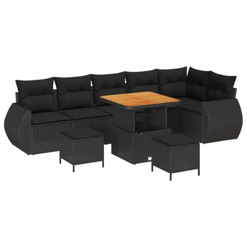vidaXL 9-teiliges Garten-Sofa-Set mit Kissen in Schwarz aus Poly-Rattan | Bequeme, Moderne Outdoor-Couch im modularen Design für 6 Personen, perfekt für Balkone und Terrassen