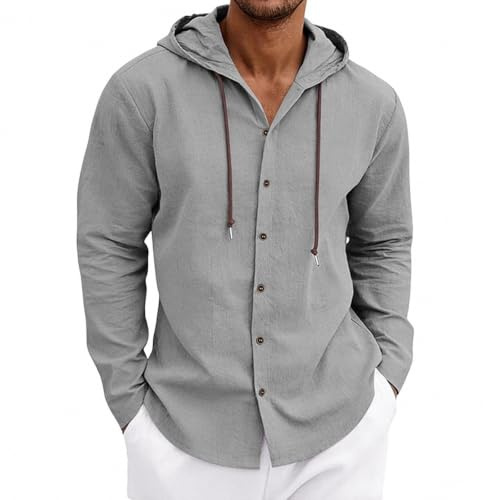 MakingDa Mens Hooded Shirt Linen Lightweight Summer Thin Long Sleeve Hoodie | Casual Smart, Button Down Beach Tops with hood, Loose Fit, Plain Hoody, Breathable, Comfy, Moisture-wicking
