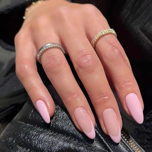 Pink Press on Nails - French Tip False Nails - Semi-Transparent Fake Nails Almond in 12 Sizes - Soft Gel French Nail Tips Medium Length- Reusable Stick on nails for Women