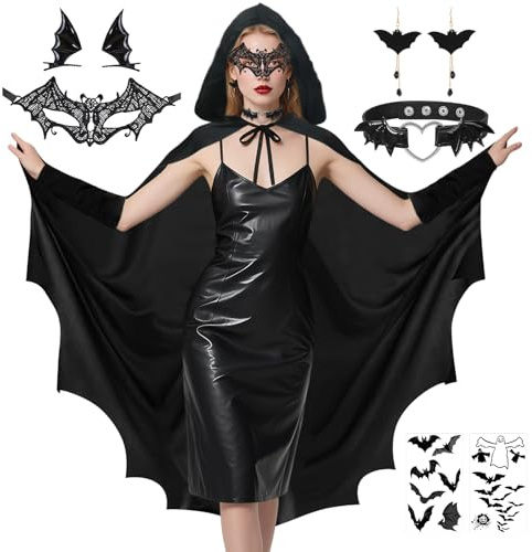 6 Pièces Articles Costume Halloween Femme, Déguisement Chauve Souris Femme, Cape Chauve Souris Noire, Chauve Cape Femmes avec Collier,Masque les Yeux,Barrette à Cheveux,Halloween Carnaval jeu de Rôle
