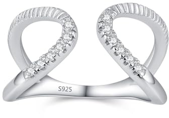 Skcess Damen Ring 925 Sterlingsilber, Ring Mädchen Weiß Zirkonia Ring Hohllinien-Doppellagiger Offener Ring Größe 54 (17.2)