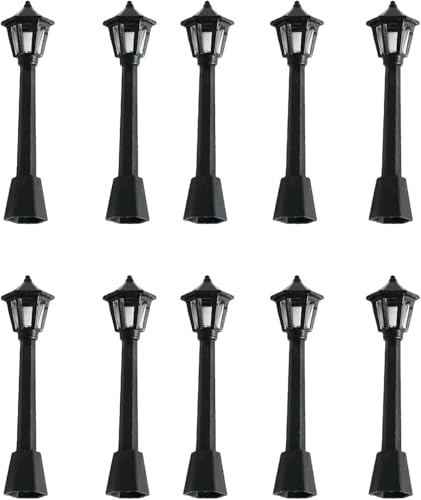 10 Pcs Black Mini Miniature Street Light Model, Railway Train Post Lamps, Lamp Outdoor Pathway Lantern Post for Dollhouse Decoration Micro Landscape Fairy Garden Lighting Accessories, Post Lights