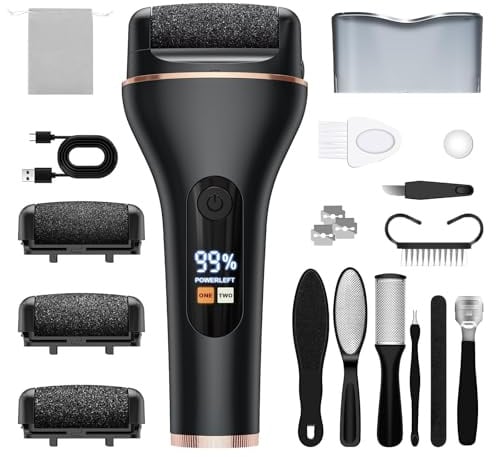 Râpe Ponceuse Pieds Électrique, Kit de Pédicure Professionnel, 2 Vitesses 1700-2100 tr/min, 3 Têtes de Ponçage, IPX5 Étanche, Rechargeable 1200mAh 240min Autonomie, Écran LCD (Noir)
