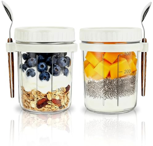 2 Pack Overnight Oats Containers with Lids and Spoons 16Oz Glass Mason Jars | Vegetable and Fruit Salad Storage Container with Measurement Marks, Glasss Jars for Cereals,Yogurt