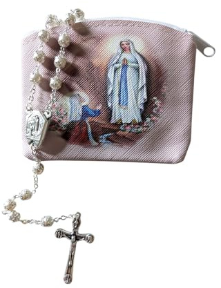 OVUNQUE PROTEGGIMI Madonna di Lourdes Rosario Tradizionale color Argento e vetro perlato, acqua di Lourdes sulla crociera, Collana di Preghiera Cattolica (con portarosa)