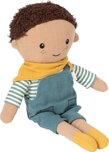 small Foot Stoffpuppe Leo, 39 cm große Kuschelpuppe mit ausziehbarer Latzhose, liebevoll gestaltete Jungenpuppe, für Babys und Kleinkinder, 12780, Braun