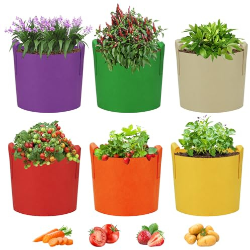 Ohiyoo Lot de 6 sacs de culture en tissu multicolore de 50 litres, sacs de culture pour légumes, pommes de terre, tomates, légumes et fleurs (50 l)