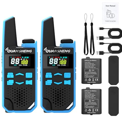 QUANSHENG TG-FR1 PMR446 Funkgeräte, 2er-Set Walkie-Talkies ohne Funklizenz, USB-C Wiederaufladbar, 16 Kanäle, VOX-Freisprechen, bis 10 km im freien Gelände, für Wandern, Camping & Baustelle