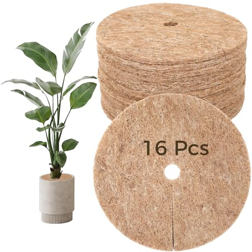 Vestamore 9.8 In Coir Mulch Rings 16 Pcs, Round Nut Fiber Tree Protector Mats, Weed Control Cover Discs For Potted Plants, Mulch Mats