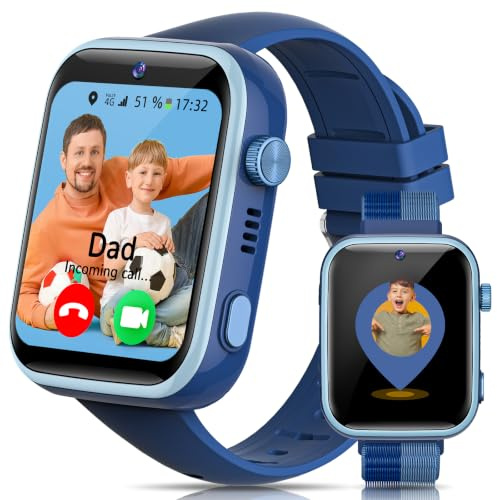 AIMIUVEI 4G Reloj Inteligente Niño con Llamadas, Videollamadas, Chat de Voz, Whatsapp, WiFi, GPS, SOS, SMS, Impermeable IP68, Modo Escuela y Podómetro, Smartwatch Niños con Pantalla HD de 1.83'' Azul