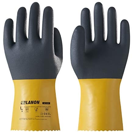 LANON Gants de Protection Chimiques en PVC, Résistance Acide, Alcali et Huile, EN 374/388, Taille XL