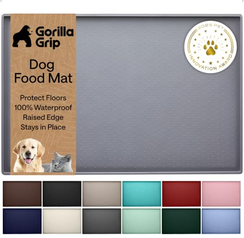 GORILLA GRIP Dog Food Mat, 100% Waterproof Silicone, 23x15 Gray | Raised Edge Pet Feeding Mat, BPA Free, Contain Spills, Protects Floors, Placemats for Cats and Dogs Water Bowl