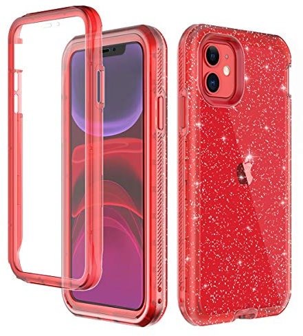 LONTECT for iPhone 11 Case Built-in Screen Protector Glitter Clear Sparkly Bling Rugged Shockproof Hybrid Full Body Protective Case Cover for Apple iPhone 11 6.1 2019, Red Clear/Silver Glitter