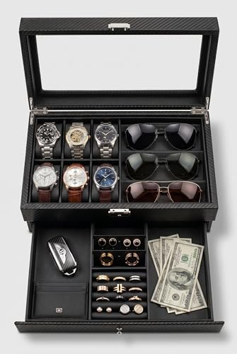 Watch Glasses Box Watch Case Jewelry Box Gift Holder Jewelry Display Box Case Drawer Sunglasses Storage Earrings Storage Organizer and carbon fiber for Men Women (Black)