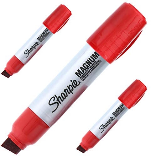3 x Sharpie Magnum Permanent Markers with Extra Wide Chisel Tip, Suitable For Most Wet, Dry & Oily Surfaces, Red - Loose in Plain Packaging