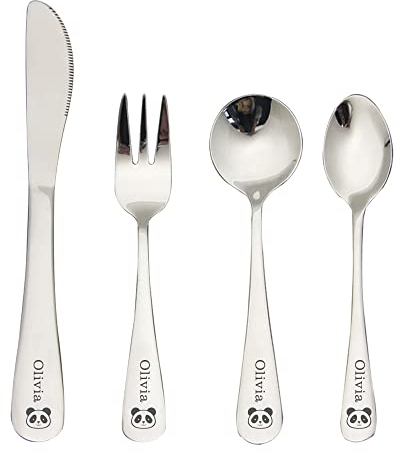 Kids Cutlery Set for Girl Boy Personalised Toddler Cutlery Set Stainless Steel 4pcs Set Engraved Any Name 1 Fork 1 Safe Dinner Knife and 2 Dinner Spoons Gifts for Christmas Birthday(Design 1)
