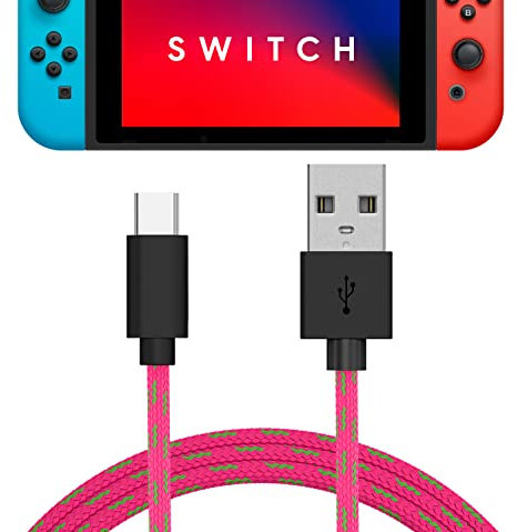 TALK WORKS USB C Charger Cable for Nintendo Switch/Lite + Switch OLED & Pro Controller - 6ft Nylon Braided USB Type C Charging Cable - Pink & Green Mix