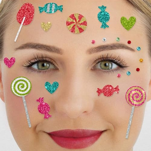 Party Factory Face Tattoo Candy Party, temporäres Glitter Gesichtstattoo für Motto Party, Halloween & Karneval, Kinder & Erwachsene