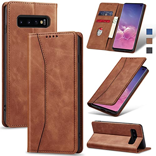 Jasonyu Case for Samsung Galaxy S10 Leather Wallet Flip Cover with Card Holder,Kickstand, Magnetic Closure,TPU Shockproof Phone Case Compatible with Samsung S10 (Brown)