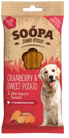 Soopa Cranberry & Süßkartoffel Jumbo Dental Sticks für Hunde | Große Rassen | Fettarme Hundesnacks | Hypoallergene | Vegan, Menschliche Qualität, Nur 265 Kalorien pro Stick | 2 Stück