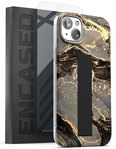 Encased Finger Grip Case Designed for iPhone 14 Case with Hand Strap and Screen Protector (Stretch Loop Phone Holder) Ring Black Marble