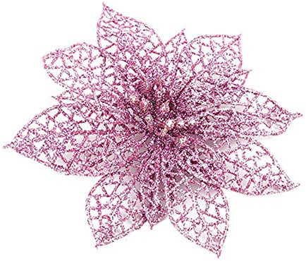 TinaDeer Glitzer Künstlich Weihnachtsbaum Blumen - 10CM Weihnachtsblume für DIY - Christbaumschmuck Blumen - Weihnachten Blumen - Weihnachtsbaumdeko Neujahr Ornamente Blumen (pink, 10×10cm)
