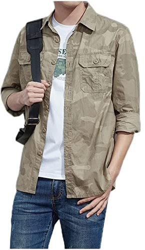 Sportshirt Herren Frühling Dünnschliff Mit Taschen Casual Shirt Herren Basic Revers Knopfleiste Trainingsshirt Herren Leicht Atmungsaktiv Oudoor Shirt Herren C-Khaki 4XL