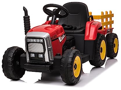Tractor electrico para niños con Remolque 12V de Babycar - Tractores de Juguete bateria con MP3 Licencia Oficial y Mando a Distancia (Rojo)