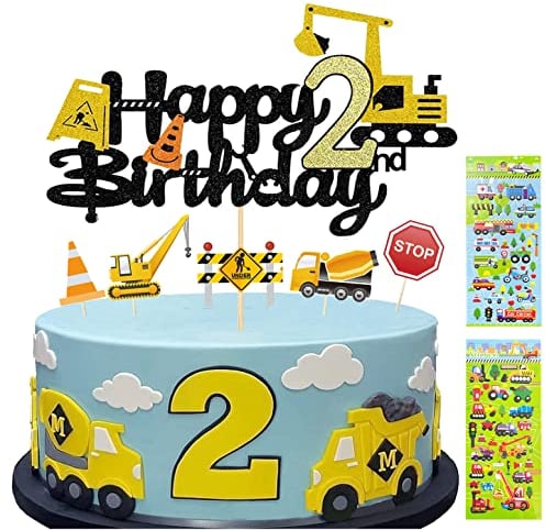 Tortendeko Junge 2. Geburtstag Bagger Cake Topper Geschenk 13 Stück + 2 Bagger Sticker Kinder (2)