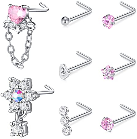 WillTen 20G Nasenpiercing Stecker Rosa Herz Diamant CZ Nasenpiercing Damen Schmetterling Nasenstecker Blume Spiral Chirurgenstahl Piercing Schmuck