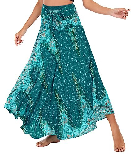 Adigaber Damen Maxirock 2-in-1 Böhmischem Blumendruck Einheitsgröße | Boho, Hohe Taille，Lang，Asymmetrisch，A-Line，Elastischer Bund，Party，Strand，Mit Gürtel，Sommer，Bauchkontrollierend，Fließend