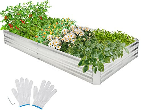 COSTWAY Metal Raised Garden Bed, Oval/Rectangular Elevated Planter Box Kit with Open Bottom, Indoor Outdoor Vegetable Fruit Flower Herb Growing Box (Rectangular, Silver, 240 x 120 x 30cm)