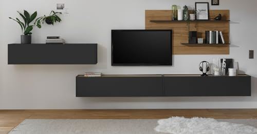 Furn.Design Wohnwand Schrankwand in grau matt und Eiche Wotan Holz TV Unterteil zum Aufhängen mit XXL TV Lowboard und Wandregal Wohnzimmer Set 4 teilig 400 x 180 cm (Set 3)
